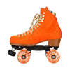 moxi orange suede roller skate artistic retro high top boot with black thrust plate and orange gummy outdoor 78a wheels