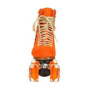 moxi orange suede roller skate artistic retro high top boot with black thrust plate and orange gummy outdoor 78a wheels