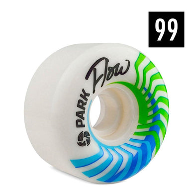 white rollerskate wheels with blue and green print, 'Park Flow' 
