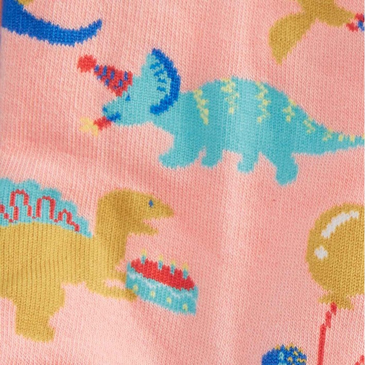 PEACH COLOUR NEE HIGH SOCK WITH DINOSAURS WEARING PARTY HATS 