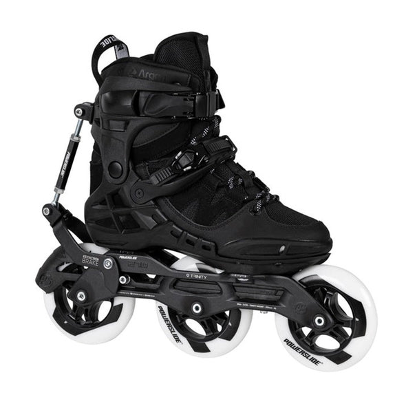black argon recreation inline tri skates 110mm with automatic syncro brake system 