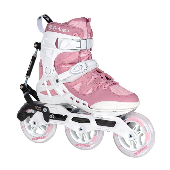 white pink recreation inline tri skates 110mm with automatic syncro brake system