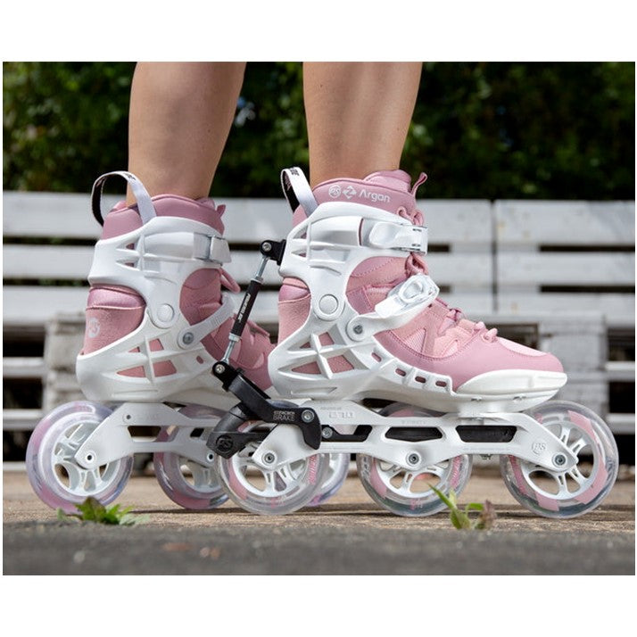 pink white inline skates with 3 wheels 