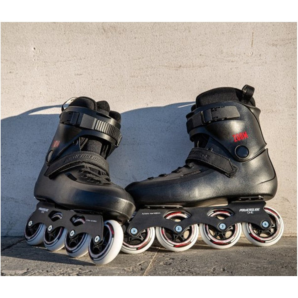 black 80mm inline skates with white 80mm wheels 