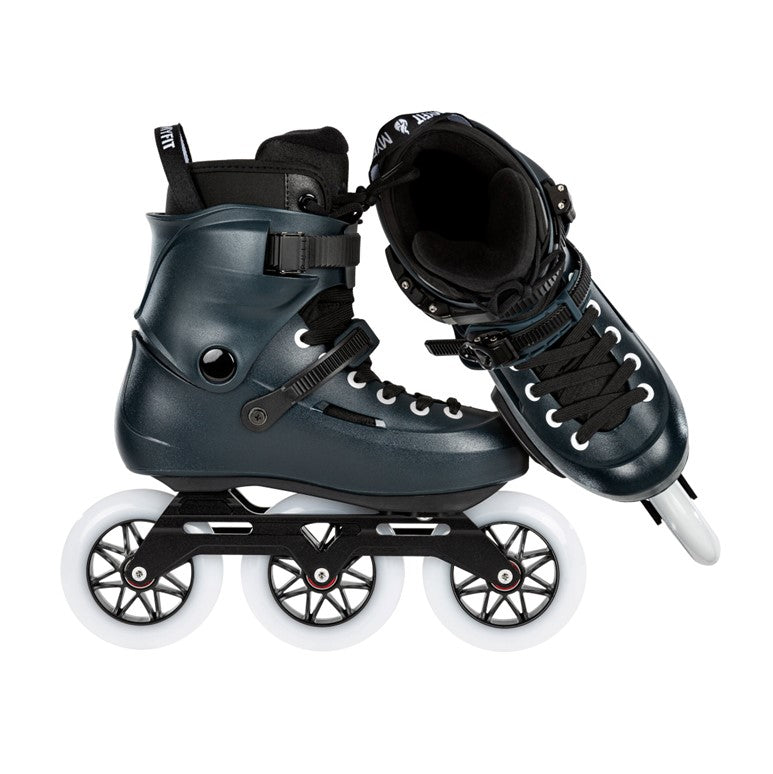 navy blue tri skates with white wheels 