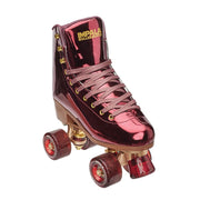 maroon shiny plum impala rollerskates with gold hardware and outdoor plum wheels