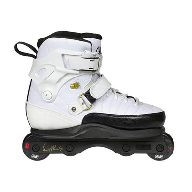 white aggressive inline skates with black sole plate  