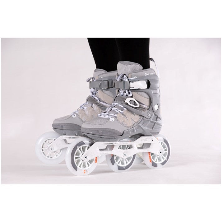 grey inline skates with 3 wheels and white frames 