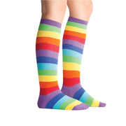 PERSON WEARING RAINBOW STRIPE KNEE HIGH SOCK