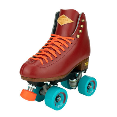 MAROON LEATHER HIGH TOP RIEDELL CRIMSON ROLLERSKATES TEAL WHEELS 