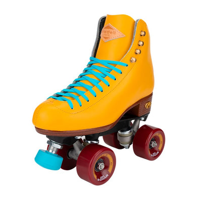 YELLOW LEATHER HIGH TOP RIEDELL CRIMSON ROLLERSKATES MAROON WHEELS 