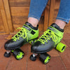 black yellow fluro ombre sneaker speed roller derby quad roller skates, black yellow wheels, adjustable toe stops 