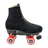 black suede high top riedell zone roller skates with red energy outdoor wheels 