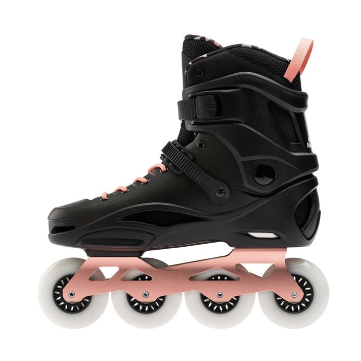 black inline skates with copper frames 