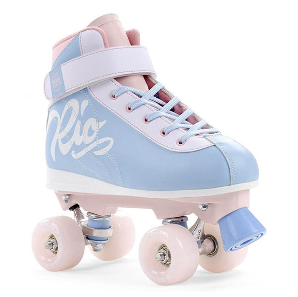 pastel pink blue rollerskates, mid height, white velcro strap  around ankle, 'Rio' on side , sneaker style boot, blue toestop, pink wheels 