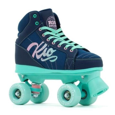 navy blue sneaker style mid top rollerkskate boot, teal green wheels and plate, 'Rio' on side pink teal ombre , teal stopper