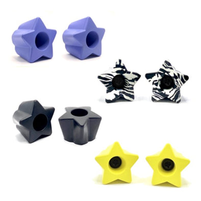 star shaped bolt on toe stops, purple, black and white marble, black and yellow 