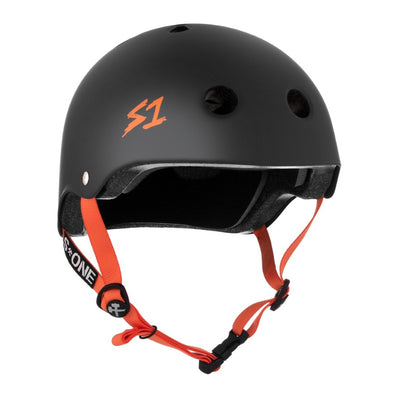matt black skate helmet with orange straps and s1 text on the side
