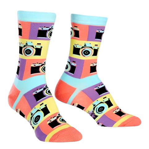 MULTI-COLOUR BLOCK PATTERN WITH CAMERA PATTERN CREW SOCKS