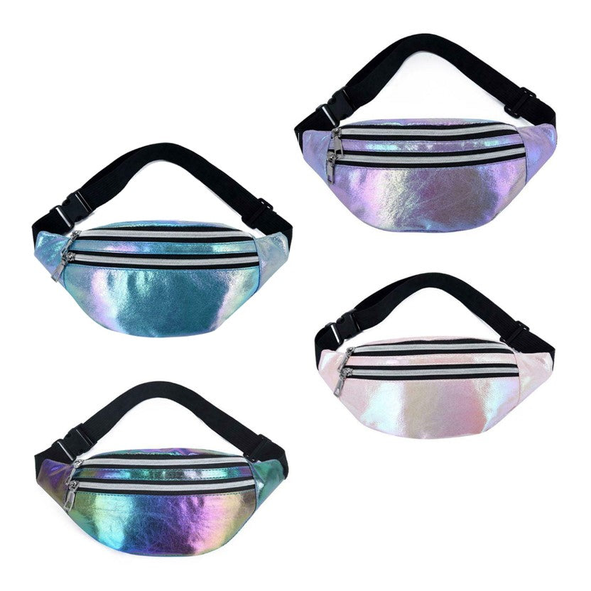 shimmery glittery fanny packs, bum bags, light blue, multicoloured, purple, white 