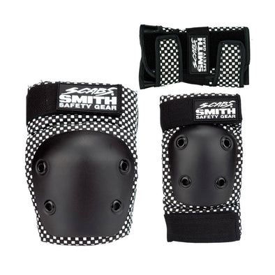black white checked kids junior padding set knee pads elbow pads and wrist guards 