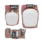 copper adults knee, elbow pads and wrist guards with white caps 