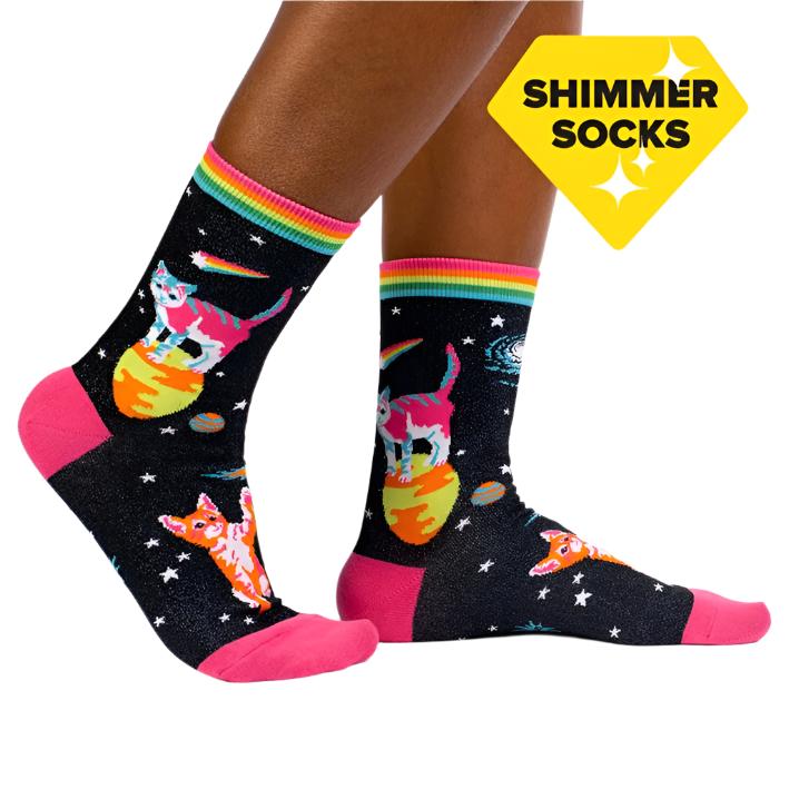 Space Cats Shimmer Women's Crew Socks - Lucky Skates