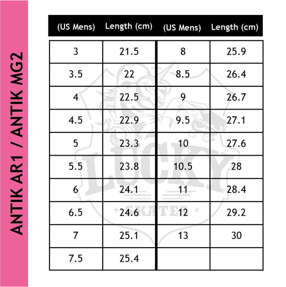 size chart for Antik AR1 and MG2