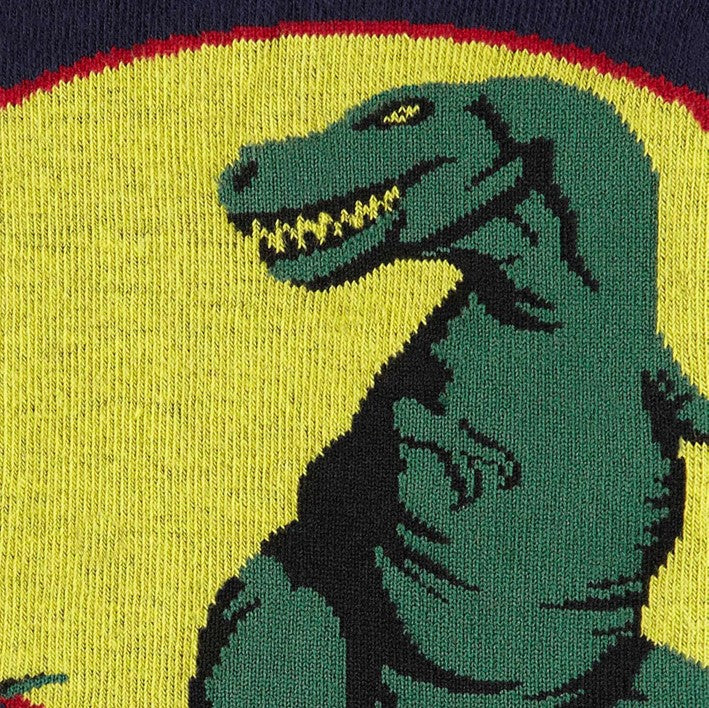 CLOSE UP OF GREEN T-REX ON NAVY SOCK