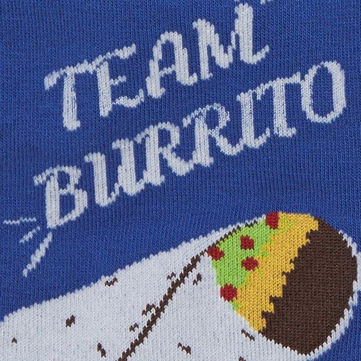 CLOSE UP OF BURRITO AND TEXT "TEAM BURRITO" ON BLUE SOCK