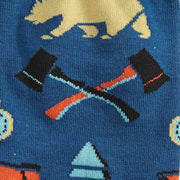 CLOSE UP OF AXES AND BEARS ON BLUE CREW SOCK