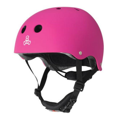 matt pink helmet, black straps, chin protection, adjustable dial on back 