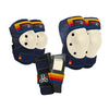 skate safety protection set retro navy blue red yellow orange stripes, knee pads, elbow pads, wrist guards 