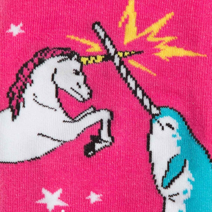 CLOSE UP OF HOT PINK KNEE HIGH SOCKS WITH UNICORN AND NARWHAL BATTLING