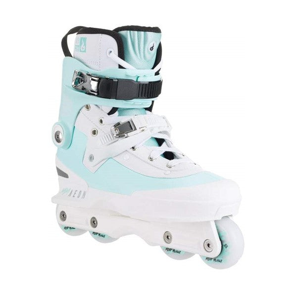 pastel green mint aggresive park inline skates, white liner, white laces