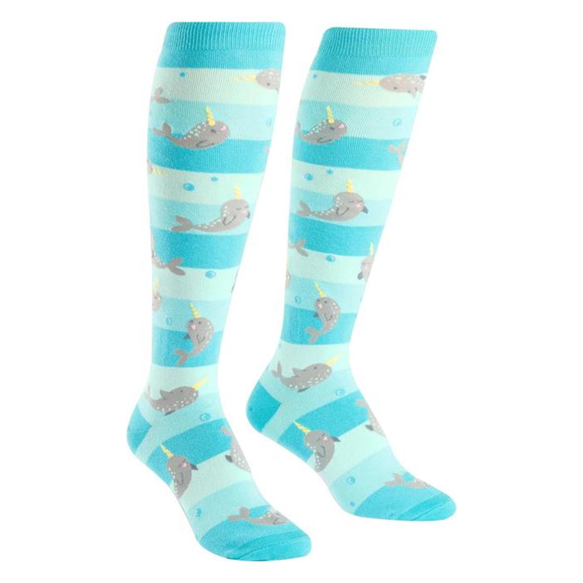 BLUE AND TEAL STRIPE KNEE HIGH SOCKS WITH CUTE NARWHAL PATTERN