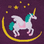 CLOSE UP OF WHITE PEGASUS AND STARS ON PURPLE SOCK