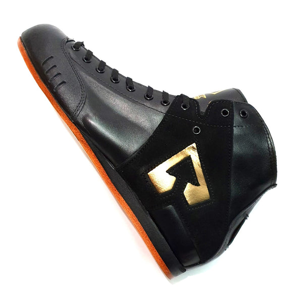 gold and black roller skate boot 