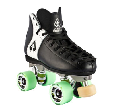 antik black roller skate boot with green heartless wheels 