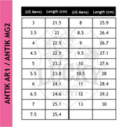 size chart for Antik AR1 and MG2