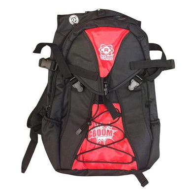 back red inline rollerskate backpack, 'Boom' front pocket 