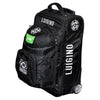 black trolley large bag with wheels, backback zips off front, 'Luigino' on side