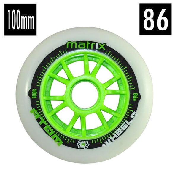 white with lime green atom inline wheel 100mm 86a