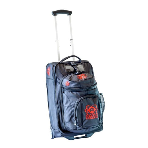 red black skate trolley bag, wheels, retractable handle, zip off backpack 