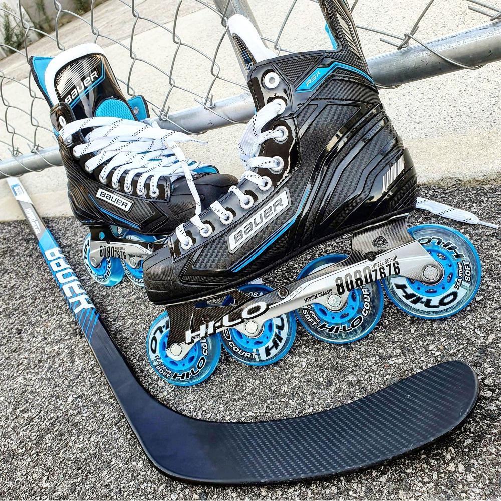 bauer rsx indoor with blue wheels and stick