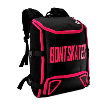 black inline quad skate backpack with fluro pink accents, 'Bont Skates'