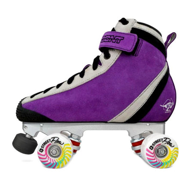 purple bont high top rollerskate with white street flow wheels