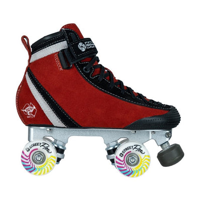 red suede bont high top roller skate with white street flow wheels