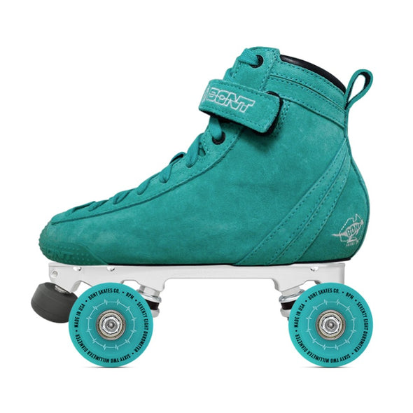 teal sueded bont high top rollerskate with bont bpm teal 78a wheels