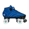 blue navy suede mid height roller derby quad roller skates, white outdoor wheels adjustable toe stops 
